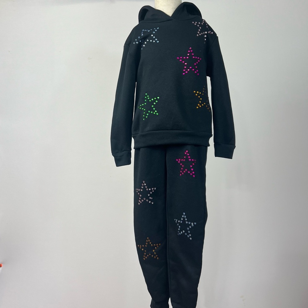 Dream Star Girls 2-Piece Black Hoodie & Jogger Set Rhinestone Stars